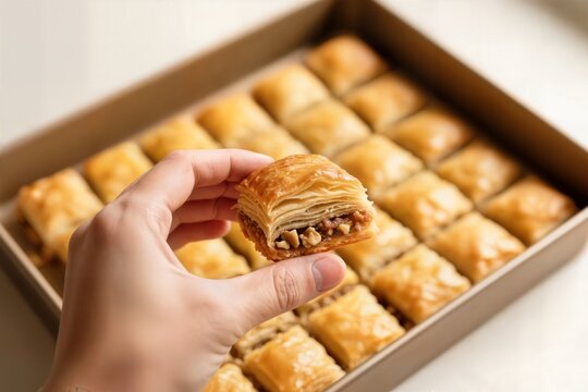 turkish cevizli baklava and a slice of baklava hand holding turc et une tranche de tepsi baklava se tenant par la main turco baklava y una rebanada de baklava de la mano