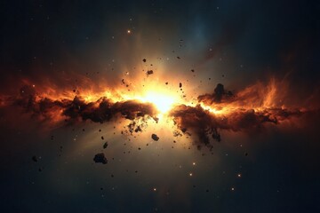 Fototapeta premium Explosive cosmic rift with glowing orange light and asteroid debris