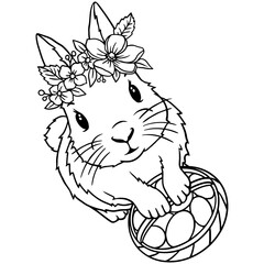 Easter bunny with flower crown, handdrawn vector illustration