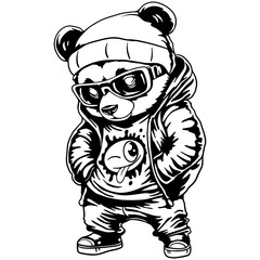 cool panda in streetwear, handdrawn vector illustration