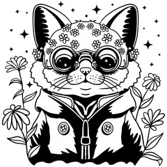 hippie cat in flowers and sunglasses, handdrawn vector illustration