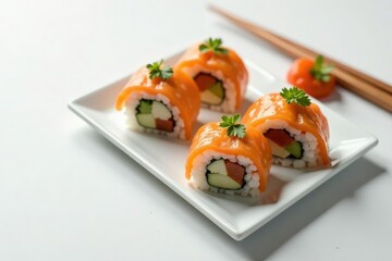 Elegant sushi arrangement on white, minimalist background, healthy, chopsticks, wasabi