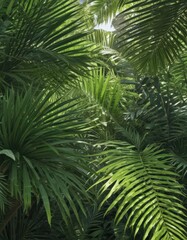Vibrant green palm fronds, sunlight dappled, intricate leaf veins ,  image,  high resolution,  texture
