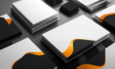A collection of stacked business cards featuring sleek black and white designs with flowing orange accents, set on a textured surface.
