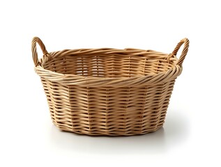 Fototapeta premium Empty wicker basket against white background, ideal container for Easter celebration or spring picnic, represents farmhouse style and rustic home decor element.