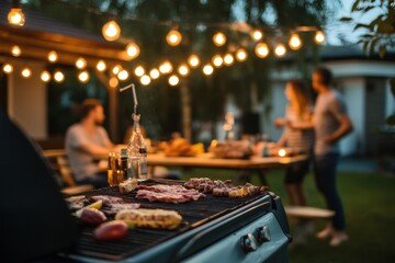 Friends gathering for barbecue under striking lights backyard setting evening feast relaxed atmosphere enjoying grilling and socializing together