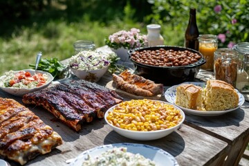 Obraz premium Delicious barbecue feast at a picnic table in nature featuring varied dishes and refreshing drinks amidst a relaxing outdoor environment