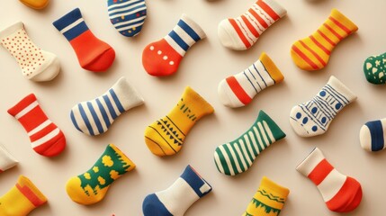 Colorful child's socks in various patterns
