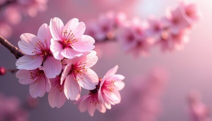 Fototapeta premium Delicate pink cherry blossoms, intricate floral design, background, botanical