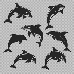 Obraz premium Set of dolphin silhouettes, vector jumping dolphin icons for marine design and decor, marine animal, sea life, ocean mammal