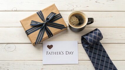 Flat lay of a Father's Day gift box featuring a tie and greeting card for celebration.