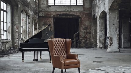Grand piano and armchair in an abandoned factory