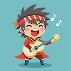 Discover our adorable samurai boy, strumming a guitar and singing with passion in this charming mascot illustration! This playful design blends the traditional attire of a samurai with the modern flai