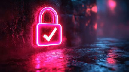 Glowing pink padlock with checkmark symbol on wet surface in dark environment.