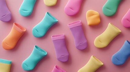 Colorful socks scattered on a pink background