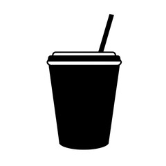 Tall cold drink cup with straw in black silhouette representing takeaway beverage, soda, or iced refreshment