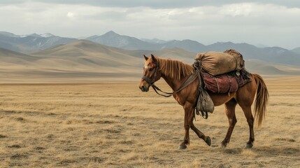 pack horse in mongolian steppe
