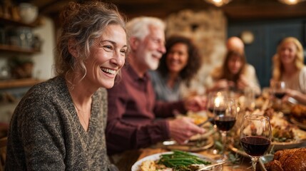 Family dinner, multiracial group laughing and sharing food, authentic setting