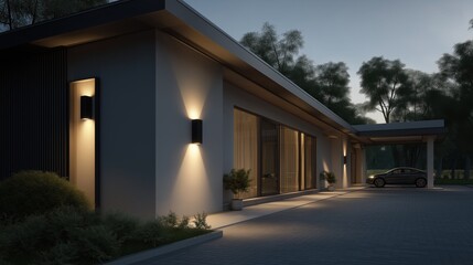 3D render of a contemporary house exterior with modern wall-mounted LED outdoor lights glowing at dusk, realistic environment with trees, shadows, and paved driveway, clean architectural design.