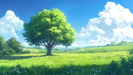 Obraz premium A green, grassy field with a blue sky and white clouds, with a single tree in the center of it. The tree is tall and has lush leaves that are illuminated.
