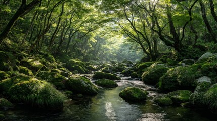 Fototapeta premium Serene Forest Stream with Moss and Soft Sunlight