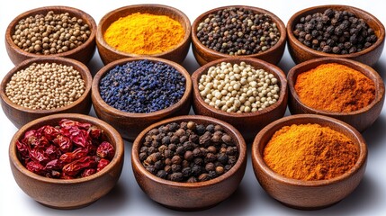 Variety of colorful spices in wooden bowls arranged in a grid pattern.