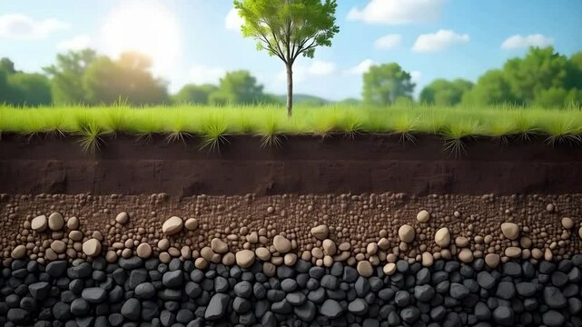 A cross section of soil layers with a tree on top, showing the different layers of soil, rocks and grass , with a blue sky