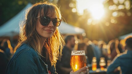 Woman holding a glass of beer at an outdoor craft beer tasting event surrounded by happy people