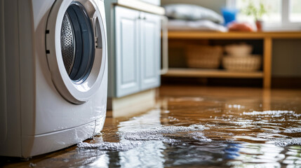 Domestic maintenance issue with a leaking washing machine, conveying a need for appliance repair
