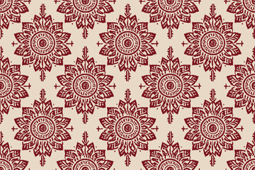 Seamless damask pattern in red with a cream background. Motif Ikat floral embroidery folklore ornament.Indian ethnic traditional textile. Design for texture, fabric, clothing, wrapping, decoration
