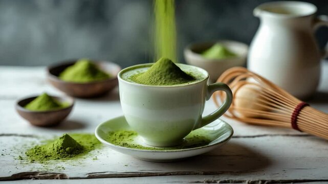 Cup of green tea matcha latte with blank space. This latte offers a pleasurable way to enjoy the energizing effects and health benefits of powdered green tea leaf high in antioxidants.