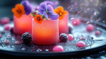 Three red drinks decorated with flowers berries and small pink balls on tray.