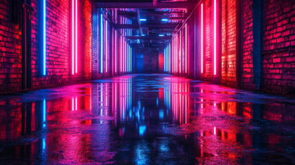Fototapeta premium Moody cityscape with neon lights mirrored on wet concrete, evoking a nighttime street or studio scene under a faint urban glow