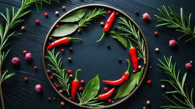 Herbs and spices arranged in a circular frame, viewed from above
