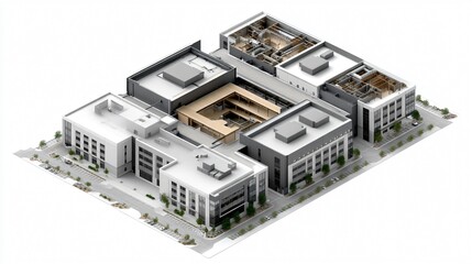 Stack of biomedical engineering plans with cleanroom layout diagrams and medical device installation schematics