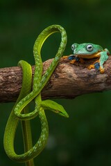 Pucuk snake and green flying frog perched on a tree branch