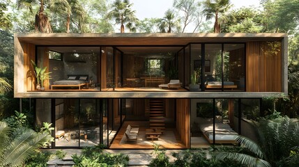 eco-friendly bamboo house, with large glass panels and wooden textures, top-down architectural plan, tropical landscape with palm trees