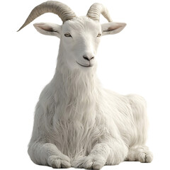 Fototapeta premium A white goat with large curved horns, sitting upright with its front legs stretched out.