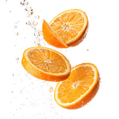 Juicy orange slices splashing water isolated on a white background png ai
