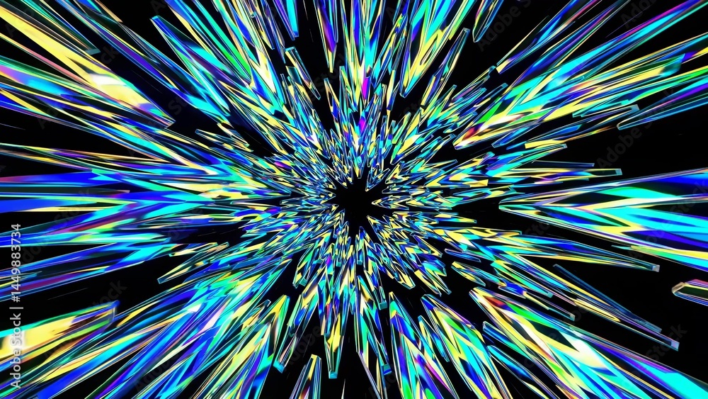 Poster abstract digital art featuring an explosion of colorful crystal shards emanating from a central poin