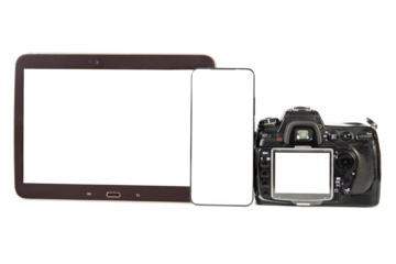 Digital Camera, Smartphone, and Tablet Devices Isolated on transparent Background