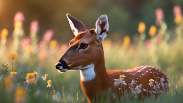 A mule deer reveals its head from the grass.
