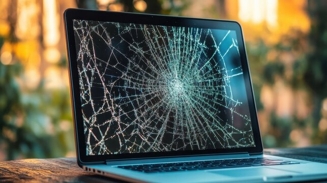 cracked laptop screen on wooden table outdoors