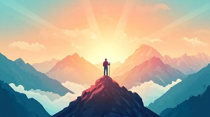 Flat style vector of a person standing on a mountain holding a compass, soft pastel sky and light rays in background Leadership and Personal Effectiveness Productivity, Planning and Habit Mastery