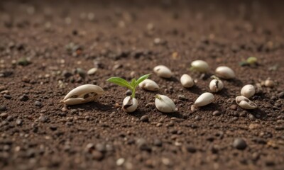 Bean seeds at various stages of germination in the ground, seedling, root