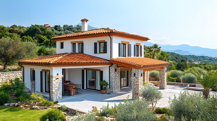 Fototapeta premium Mediterranean style villa, stucco walls and terracotta roof, surrounded by olive trees, landscape view under afternoon sun