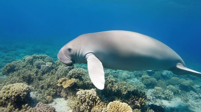 Gentle Dugong in Submerged Paradise: A serene dugong gracefully glides through a vibrant, coral reef ecosystem, surrounded by the calming blues of the ocean, representing the underwater wonders.