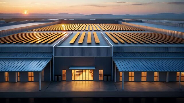 Large industrial warehouse with rows of solar panels on the roof at sunset, modern sustainable architecture with glowing interior lights

