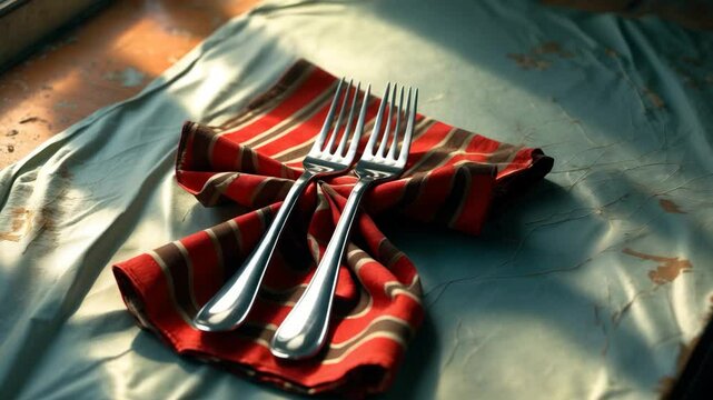 A pair of forks on a folded, wrinkled table napkin with a stripe motif, placed on a coordinating creased tablecloth laid over a table or counter.