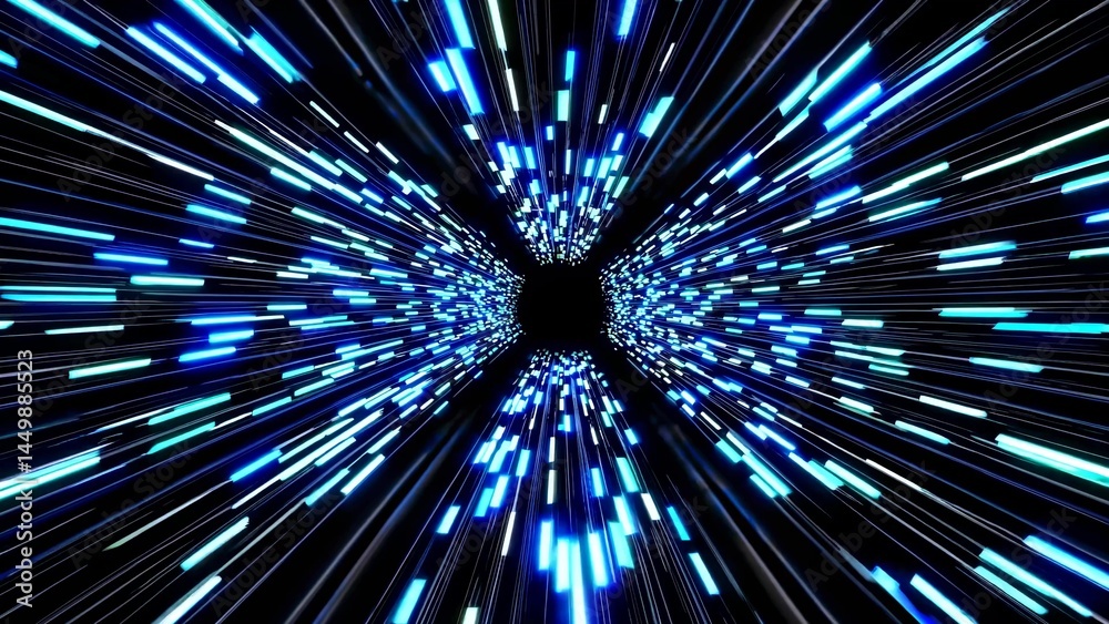 Wall mural glowing blue and turquoise rectangular shapes create a tunnel effect converging towards a central bl